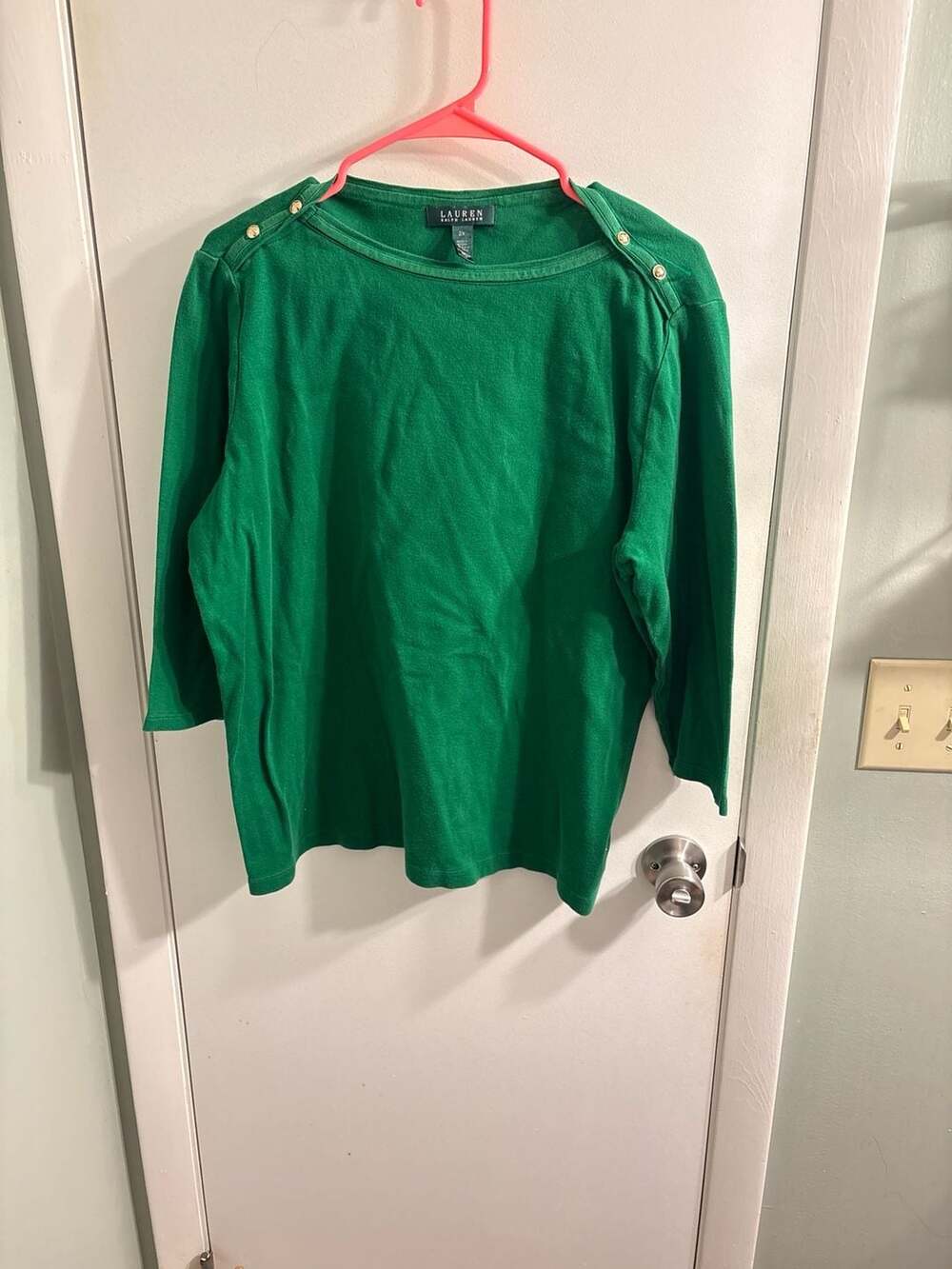 Lauren Ralph Lauren Green 3/4 Sleeve Button-Shoulder Knit Top Plus Size 2X